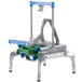 A white metal and plastic Prince Castle Saber King lettuce chopper with green and blue handles.