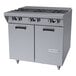 A commercial stainless steel gas range with three burners, a French top, and a storage base.