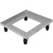 An aluminum frame with black wheels for Advance Tabco glass racks.