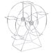 A metal ferris wheel with multiple shelves and a wire frame with four wheels.
