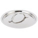 A stainless steel lid with a silver handle.