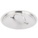 A stainless steel lid with a handle on a Clipper Mill mini bistro serving pot.