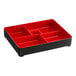 A black and red Elite Global Solutions Karma Bento Box tray with four compartments.