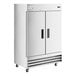 An Avantco stainless steel 2-door reach-in freezer.