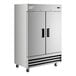 A large stainless steel commercial reach-in freezer with two solid doors and caster wheels.