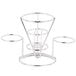 A silver stainless steel wire cone basket stand with three round metal cup holders.