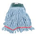 A blue Rubbermaid wet mop with a green strap.