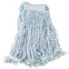 A Rubbermaid blue wet mop with white fringes.