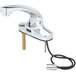 A T&S chrome deck mounted faucet with a hose attached.