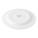 A white round porcelain plate with a medium rim, shown upside down.