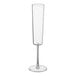 A clear plastic champagne flute with a tall, slender bowl and a single-piece construction.