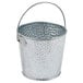 A silver galvanized steel pail with a handle.