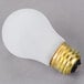 A Satco frosted rough service incandescent light bulb with a black cap and gold base.