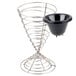 A Clipper Mill stainless steel spiral wire cone basket on a metal stand with a black cup inside.