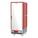 The red and white metal door of a Metro C5 3 Series heated holding cabinet.