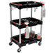 A black Luxor mechanics cart with three shelves holding tools.