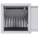 A white rectangular cabinet with black wires inside.
