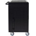 A black rectangular Luxor tablet charging station with wheels.