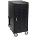 A black metal cabinet with wheels.