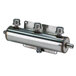A close-up of a Micro Matic 3-way beer manifold with 2 barbed inlets.