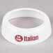 A white plastic Tablecraft salad dressing dispenser collar with maroon text reading "Fat Free Italian"