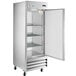 An Avantco reach-in refrigerator with a solid door open.