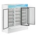 A white Avantco merchandising refrigerator with glass doors open.