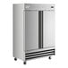 A stainless steel, double-door reach-in refrigerator on casters.