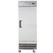 An Avantco stainless steel reach-in refrigerator with a white door and black handle on wheels.