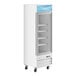 A white glass door merchandiser freezer with adjustable shelves, LED lighting, and caster wheels.