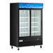 An Avantco black sliding glass door merchandiser refrigerator.