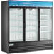 An Avantco black swing glass door merchandiser refrigerator.