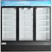 An Avantco black swing glass door merchandiser refrigerator.