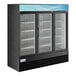 An Avantco black customizable swing glass door merchandiser refrigerator.