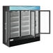 An Avantco black customizable swing glass door merchandiser refrigerator.