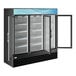 A large black swing glass door merchandiser refrigerator with LED lighting and customizable top panel.
