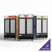 An Avantco black customizable merchandising refrigerator with swing glass doors.