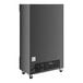 A large black Avantco merchandising refrigerator with swing glass doors on wheels.