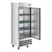 An Avantco silver reach-in freezer with a solid door open.