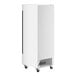 An Avantco white rectangular glass door refrigerator with wheels.