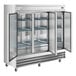 A white rectangular Avantco reach-in freezer with open doors.