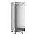 A stainless steel, single-door reach-in refrigerator on casters.