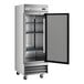 A stainless steel solid door reach-in refrigerator with adjustable shelves and casters.