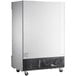 An Avantco stainless steel reach-in refrigerator with glass doors on wheels.