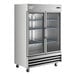 A stainless steel glass door reach-in refrigerator with two doors and multiple shelves.