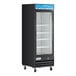 An Avantco black swing glass door merchandiser refrigerator.