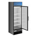 An Avantco black refrigerator with glass doors and shelves.
