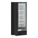 An Avantco black glass door refrigerator with shelves.