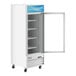 An Avantco white glass door merchandiser freezer with the door open.