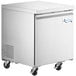 An Avantco stainless steel undercounter freezer with a door on wheels.